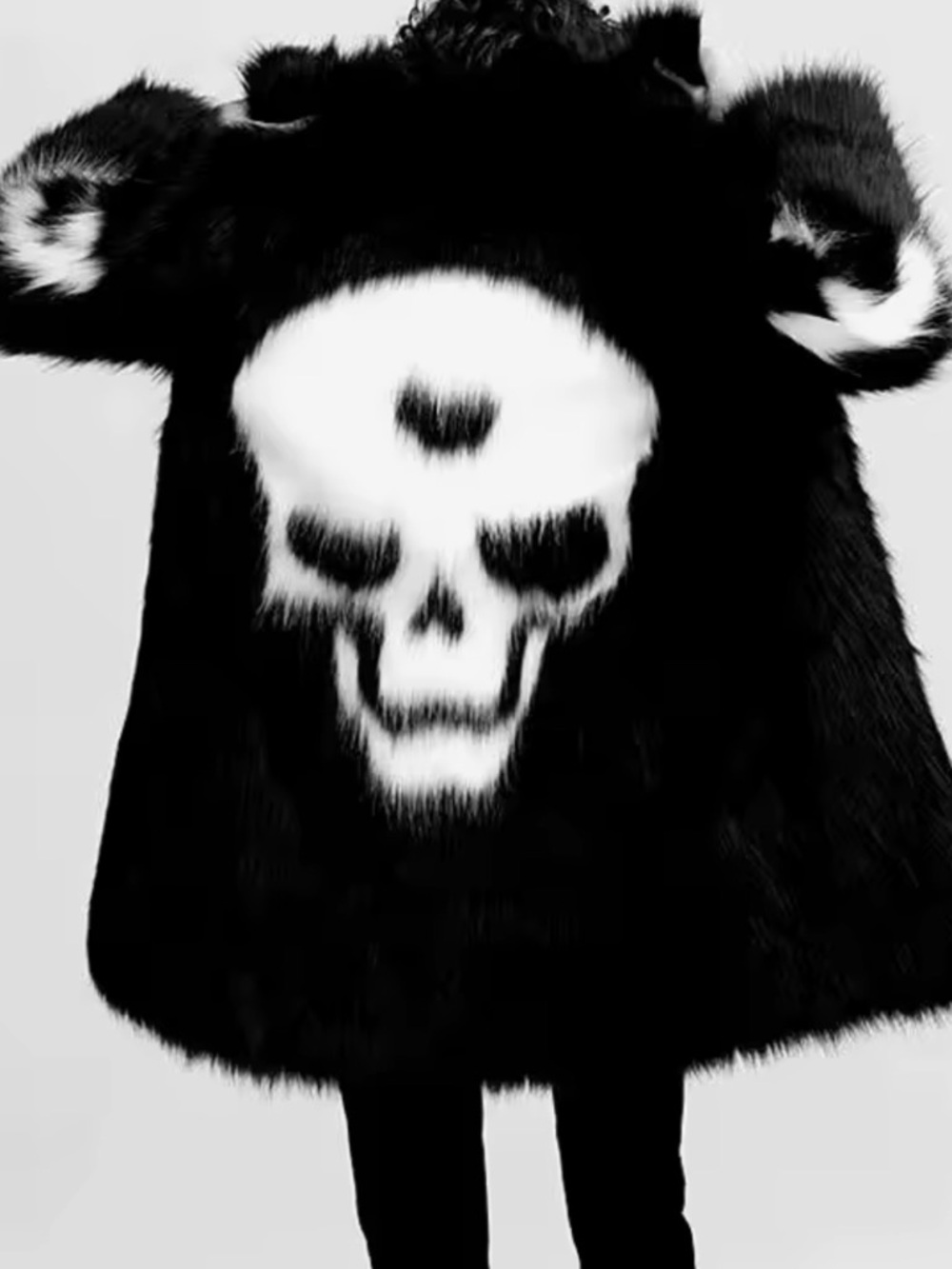 Nu Shuz Key West Black Faux Fur White Skull Back Graphic Midi Festival Coat